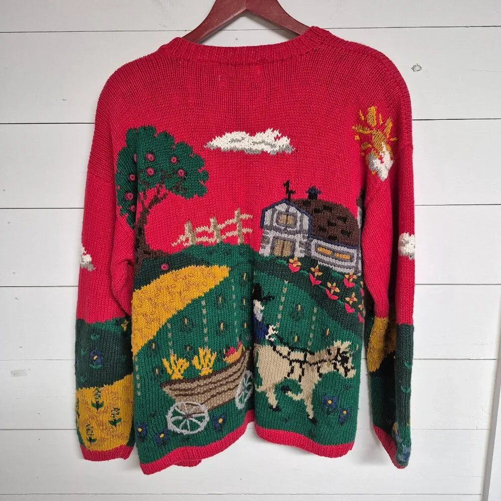 Vintage 1990s Hand Knitted Farm Theme Signature By Northern Isles Button Up 3D C - Picture 5 of 7